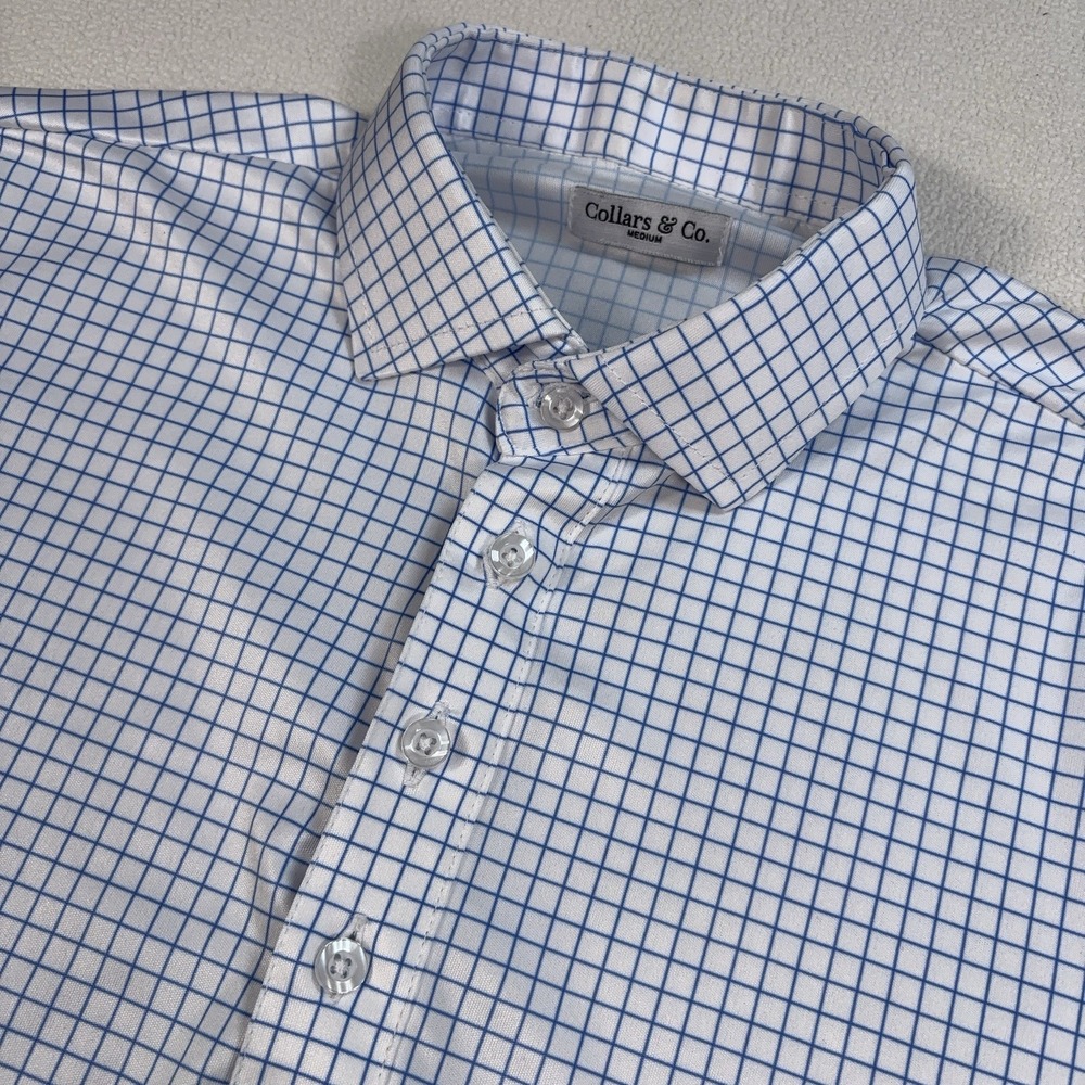 Collars & Co Dress Collar Polo Mens M White Blue Grid Check Plaid Stretch *STAIN